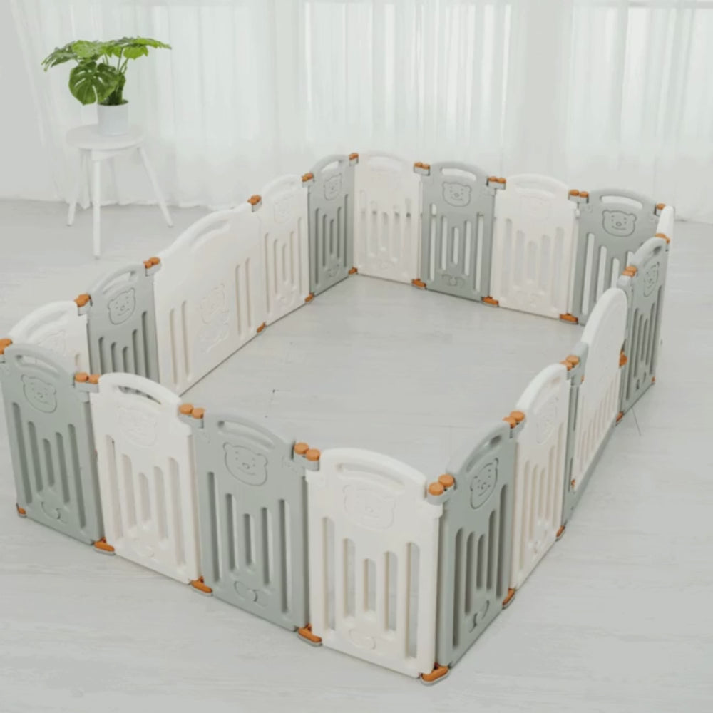 Octagonal gray play yard with bear illustrations