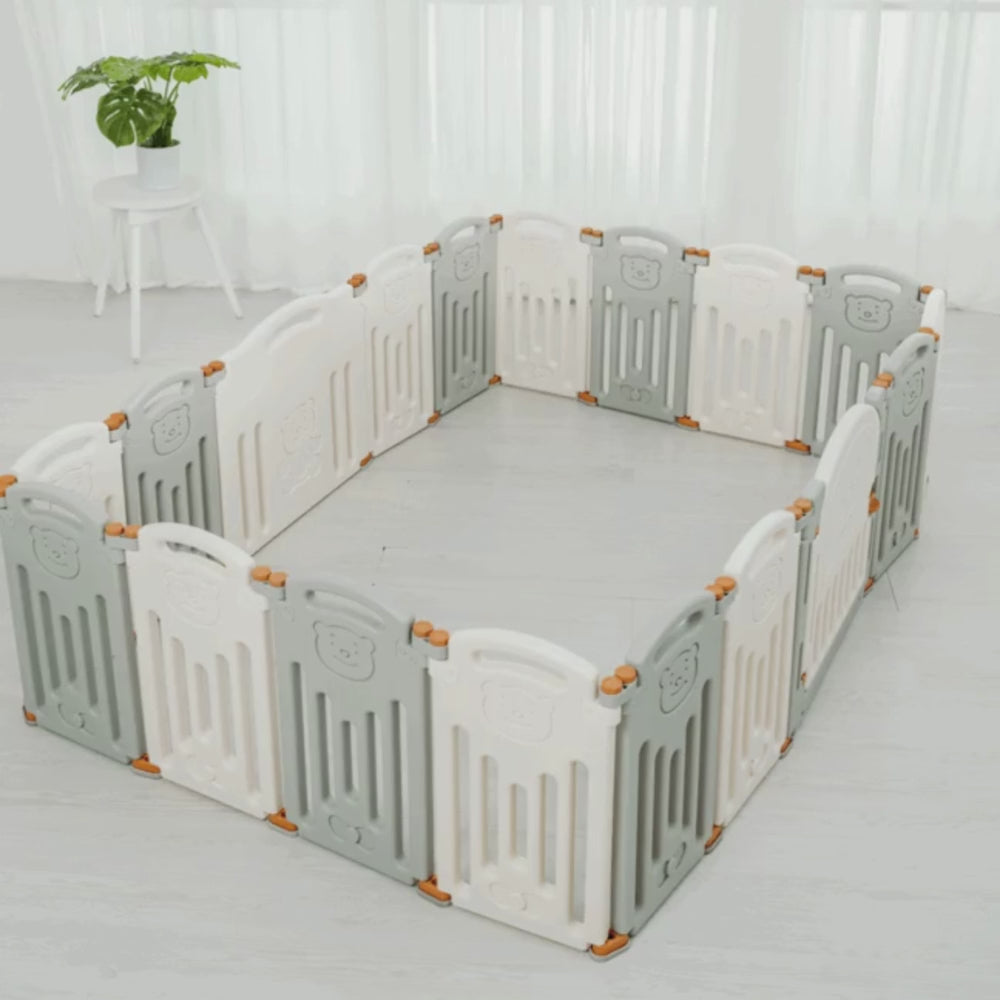 Octagonal baby play yard setup in a room